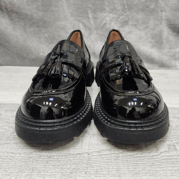 Masika Black Patent Leather Loafers with tassels, Size 40 (US 8.5) Thick-Soled - Picture 2 of 13
